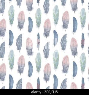 Bird feathers seamless pattern boho style watercolor illustration colorful fancy decorative wings for creative rustic design, gift paper, wedding invi Stock Photo