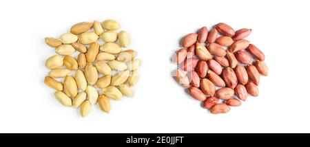 Peeled peanuts and peanuts in red husk. Two groups of nuts isolated on white background Stock Photo