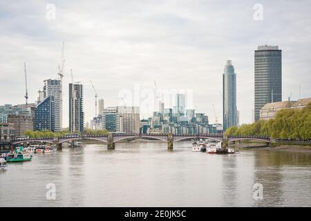 View upstream from Westminster Bridge to Lambeth Bridge with St Georges Wharf Tower, or Vauxhall Tower, residential skyscraper. London, UK. Stock Photo