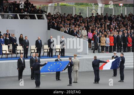 French President Francois Hollande, Prime Minister Jean-Marc Ayrault, Defence Minister Jean-Yves Le Drian, Junior Minister for Veterans, Kader Arif, Senate President Jean-Pierre Bel, European Parliament President Martin Schulz, Foreign Minister Laurent Fabius, Paris Mayor Bertrand Delanoe, French President Francois Hollande's companion Valerie Trierweiler, Brigitte Ayrault, Veronique Bartolone, Jean-Paul Delevoye attend the Concorde Place in Paris, France, on July 14, 2012 during 2012 Annual Military Parade at the Champs Elysees. Photo by Mousse/ABACAPRESS.COM Stock Photo