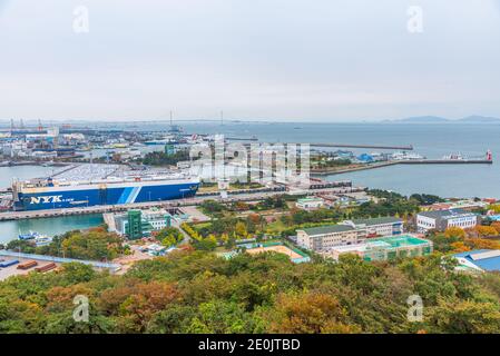 INCHEON, KOREA, OCTOBER 25, 2019: Aerial view of Port of Incheon from Wolmido island, Republic of Korea Stock Photo