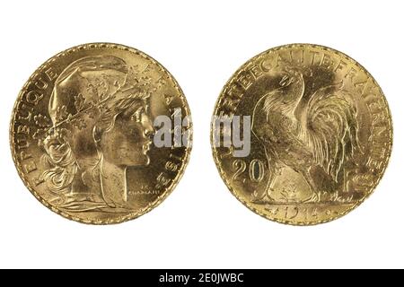 French 20 Francs gold coins isolated on white background Stock Photo