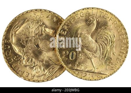 French 20 Francs gold coins isolated on white background Stock Photo