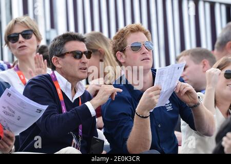 LOCOG Chairman Lord Sebastian Coe and Prince Harry as they watch the Cross Country Phase of The Eventing at Greenwich Park, on the third day of the London 2012 Olympics in London, UK on July 30, 2012. Photo by Gouhier-Guibbaud-JMP/ABACAPRESS.COM Stock Photo