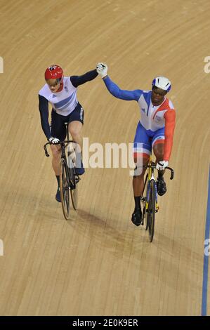 Great Britain's Jason Kenny celebrates winning the Gold Medal after winning the Men's Sprint Final Race 2 against France's Gregory Bauge at the Velodrome in the Olympic Park, during the London 2012 Olympics, in London, UK on August 5, 2012. Photo by Gouhier-Guibbaud-JMP/ABACAPRESS.COM Stock Photo