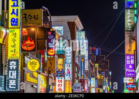 SEOUL, KOREA, OCTOBER 24, 2019: Colorful signs at Itaewon district of Seoul, Republic of Korea Stock Photo