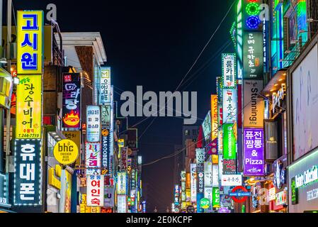 SEOUL, KOREA, OCTOBER 24, 2019: Colorful signs at Itaewon district of Seoul, Republic of Korea Stock Photo