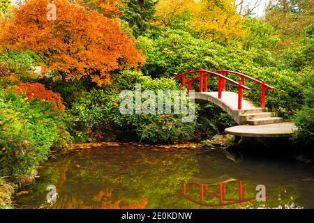 WA18958-00...WASHINGTON - Moon Bridge reflecting in a small pool at Kubota Garden , a Seattle city park. Stock Photo