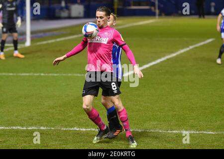 SHEFFIELD, ENGLAND. JAN 1ST Max Bird of Derby County shields the ball from Barry Bannan of Sheffield Wednesday during the Sky Bet Championship match between Sheffield Wednesday and Derby County at Hillsborough, Sheffield on Friday 1st January 2021. (Credit: Jon Hobley | MI News) Credit: MI News & Sport /Alamy Live News Stock Photo