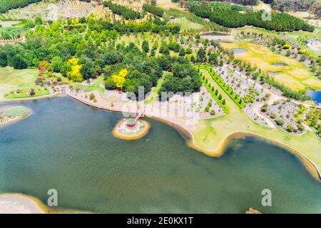 Aerial top down view over public park of Mayfield near Oberon town in Central tablelands of Australia. Stock Photo