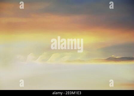 Cloudy sky at sunset in Greece, painted background colors Stock Photo