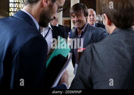 Nicolas Hulot is pictured during an environmental conference at the Economic, Social and Environmental Council of France (CESE) headquarters in Paris on September 14, 2012. Photo by Stephane Lemouton/ABACAPRESS.COM. Stock Photo