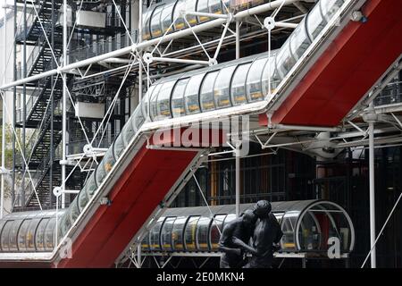 A bronze sculpture by Algerian artist Adel Abdessemed is on display in front of the Centre Pompidou contemporary art center, aka Beaubourg in Paris, France, September 26, 2012. The sculpture immortalizes the 'headbutt' given by the French former football champion Zinedine Zidane to Italian player Materazzi during the World Cup final in 2006. The Centre Pompidou will dedicate a retrospective to Abdessemed from October 3, 2012 to January 7, 2013. Photo by Mousse/ABACAPRESS.COM Stock Photo