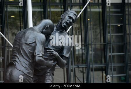 A bronze sculpture by Algerian artist Adel Abdessemed is on display in front of the Centre Pompidou contemporary art center, aka Beaubourg in Paris, France, September 26, 2012. The sculpture immortalizes the 'headbutt' given by the French former football champion Zinedine Zidane to Italian player Materazzi during the World Cup final in 2006. The Centre Pompidou will dedicate a retrospective to Abdessemed from October 3, 2012 to January 7, 2013. Photo by Mousse/ABACAPRESS.COM Stock Photo