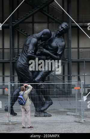 A bronze sculpture by Algerian artist Adel Abdessemed is on display in front of the Centre Pompidou contemporary art center, aka Beaubourg in Paris, France, September 26, 2012. The sculpture immortalizes the 'headbutt' given by the French former football champion Zinedine Zidane to Italian player Materazzi during the World Cup final in 2006. The Centre Pompidou will dedicate a retrospective to Abdessemed from October 3, 2012 to January 7, 2013. Photo by Mousse/ABACAPRESS.COM Stock Photo