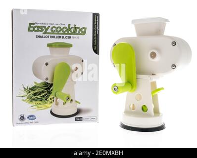 Winneconne, WI -30 December 2020: A package of Easy cooking shallot roller slicer on an isolated background. Stock Photo