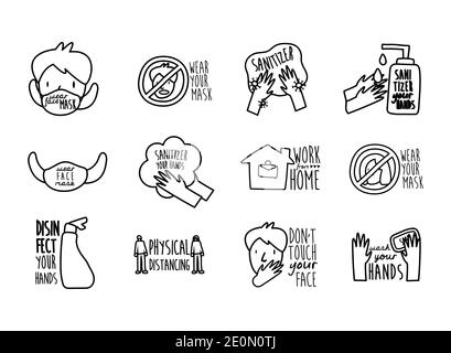 bundle of twelve new norm letterings campaign set line style icons vector illustration design Stock Vector