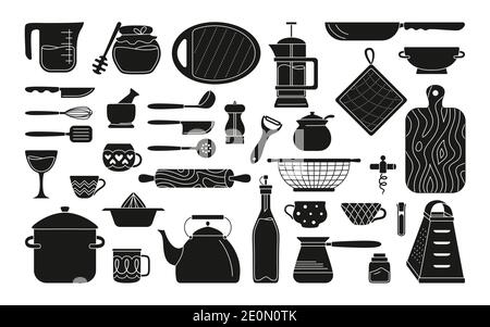 Cookware kitchen tools black glyph set. Baking tools cartoon doodle dishes, equipments. Monochrome kitchen utensils collection. Food preparation Vector illustration on white Stock Vector
