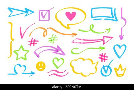 Arrow and speech bubble highlighter design element set. Sign bright hand drawn collection different icon. Business cross, check mark. Shapes objects vector illustration Stock Vector