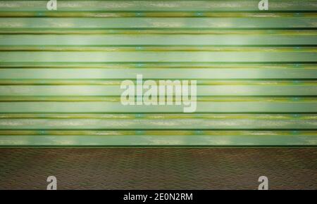 Old green factory metal wall and chequer plate floor. Empty template industrial design. Old grungy texture background Stock Photo