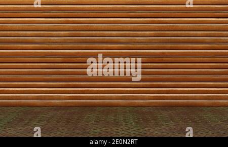 Rusty metal sheet panel and chequer plate floor. Empty interior abandoned factory template design. Old grungy texture background Stock Photo