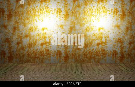 Rusty metal sheet panel and chequer plate floor. Empty interior abandoned factory template design. Old grungy texture background Stock Photo