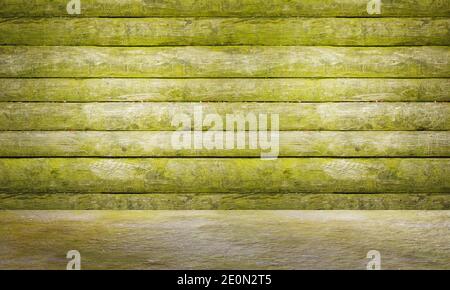 Green mossy wooden panel and floor. Old grungy wooden plank wall texture background Stock Photo