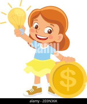 Girl holding electric lamp and money Stock Vector