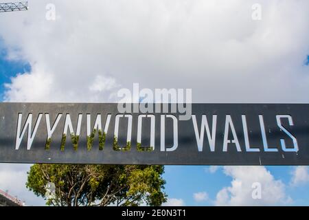 Street signpost Wynwood Walls art district in Miami, Florida. Stock Photo