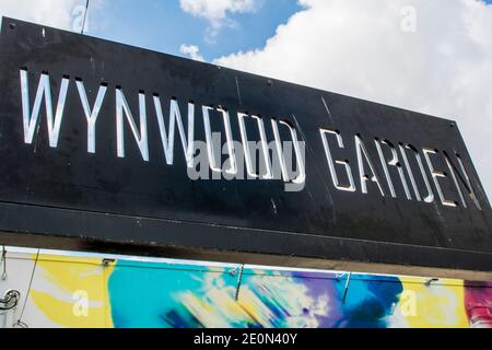 Street signpost Wynwood Walls art district in Miami, Florida. Stock Photo