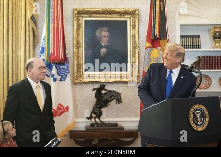 Washington, United States Of America. 07th Dec, 2020. President Donald J. Trump delivers remarks honoring Olympic wrestling champion Dan Gable during the Presidential Medal of Freedom Ceremony Monday, Dec. 7, 2020, in the Oval Office of the White House People: President Donald Trump, Dan Gable Credit: Storms Media Group/Alamy Live News Stock Photo