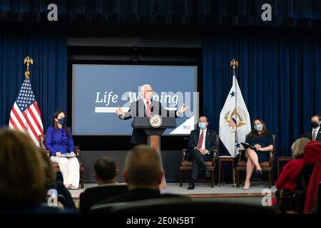 Washington, United States Of America. 16th Dec, 2020. Vice President Mike Pence delivers remarks during a Pro-Life Leaders Briefing Wednesday, Dec. 16, 2020, in the South Court Auditorium in the Eisenhower Executive Office Building of the White House People: Vice President Mike Pence Credit: Storms Media Group/Alamy Live News Stock Photo