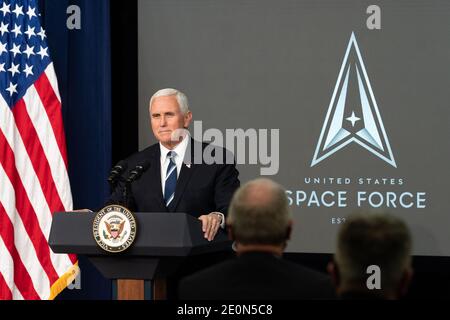 Washington, United States Of America. 18th Dec, 2020. Vice President Mike Pence delivers remarks during the United States Space Force 1st Birthday Celebration Friday, Dec. 18, 2020, in the South Court Auditorium in the Eisenhower Executive Office Building of the White House. People: Vice President Mike Pence Credit: Storms Media Group/Alamy Live News Stock Photo