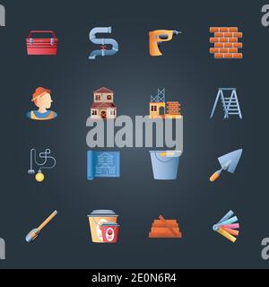 home remodeling toolbox drill bricks ladder blueprint trowel bucket pack icons black background vector illustration Stock Vector