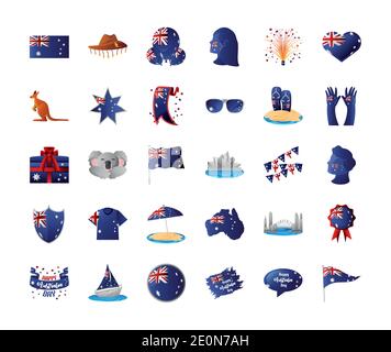 australia day icons set include flag bridge heart balloons profile shirt gift umbrella and more vector illustration Stock Vector