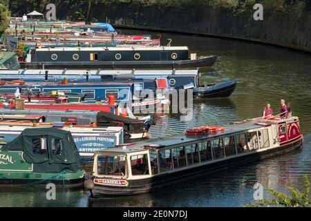 The Gardenia, one of a fleet of tourist narrowboats belonging to the The London Waterbus Company passes house boats  permanently moored just off Lisso Stock Photo