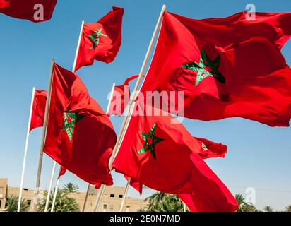 A collection of Moroccan flags flying in Meknes. The flag of Morocco has red with a green pentacle five-pointed, linear star. Stock Photo
