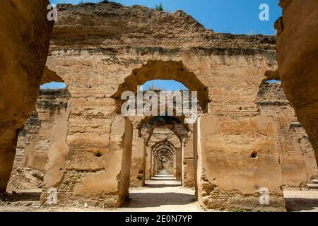 Ruins of the stables at Heri es-Souani in Meknes, Morocco. The stables once housed up to 12000 horses and was built by Moulay Ismail in 17th century. Stock Photo