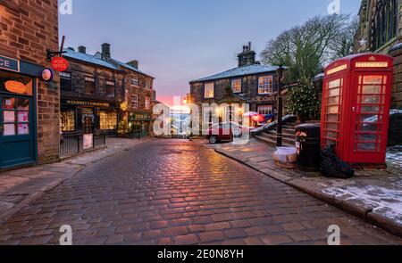 Sunrise on Main Street in Haworth, West Yorkshire. Home of the Brontë Sisters. Stock Photo