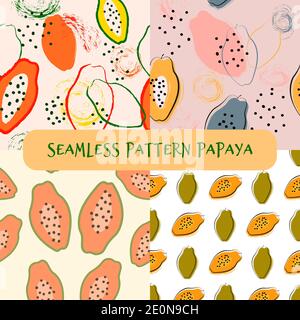 Set seamless pattern with papaya fruit and abstract elements, hand drawn brush on pink and light yellow background. Vector cartoon illustration. Stock Vector
