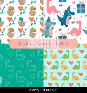 Set seamless pattern with cute dinosaurs with hearts and leaves on white and color background. Vector cartoon illustration. Stock Vector