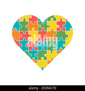 Heart with multicolored puzzle pieces inside, isolated on white background. Love, medical, relationship symbol. Autism awareness. Vector flat Stock Vector