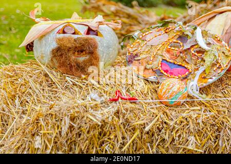 Colorful carved pumpkins with funny decorations of various plants and corn silk are exposed on the bale of hay for Halloween. Stock Photo