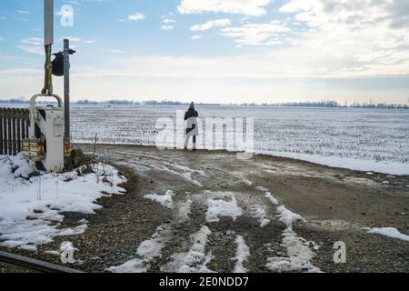 Mortara -12/29/2020: woman taking pictures with smarphone in a rice field landscape in winter in north italy over a rail cross signal Stock Photo