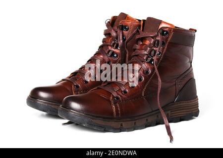 Winter leather mens boots isolated on white background Stock Photo