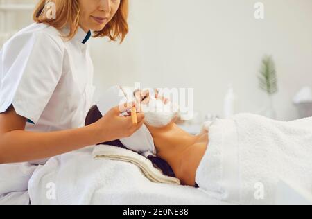 Skillful female beautician applies a mask on a woman's face with a cosmetic brush. Stock Photo