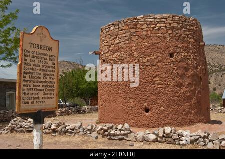Torreon, defensive tower at Lincoln Historic District, Lincoln, New Mexico, USA Stock Photo