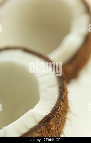 Coconut broken in two parts isolated shot in studio on white background. Stock Photo