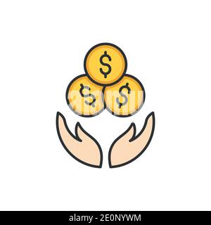 Hand with coins icon, color, line, outline vector sign, linear style pictogram isolated on white. Symbol, logo illustration Stock Vector