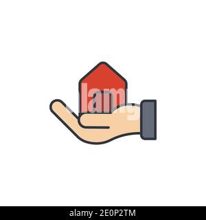 Hand holding up house icon, color, line, outline vector sign, linear style pictogram isolated on white. Symbol, logo illustration Stock Vector
